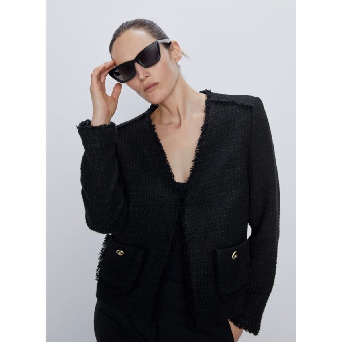 Zara Women's Black Tweed Blazer with Golden Decorative Buttons Small