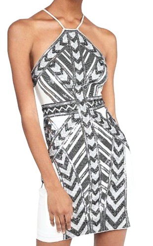 express beaded dress Express Women's Printed Halter V-Neck Beaded Belted Maxi Fit And Flare Dress Large