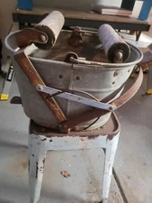 Vintage Galvanized Metal Mhile Mop Bucket with Wood Rollers Wringers,  PRIMATIVE