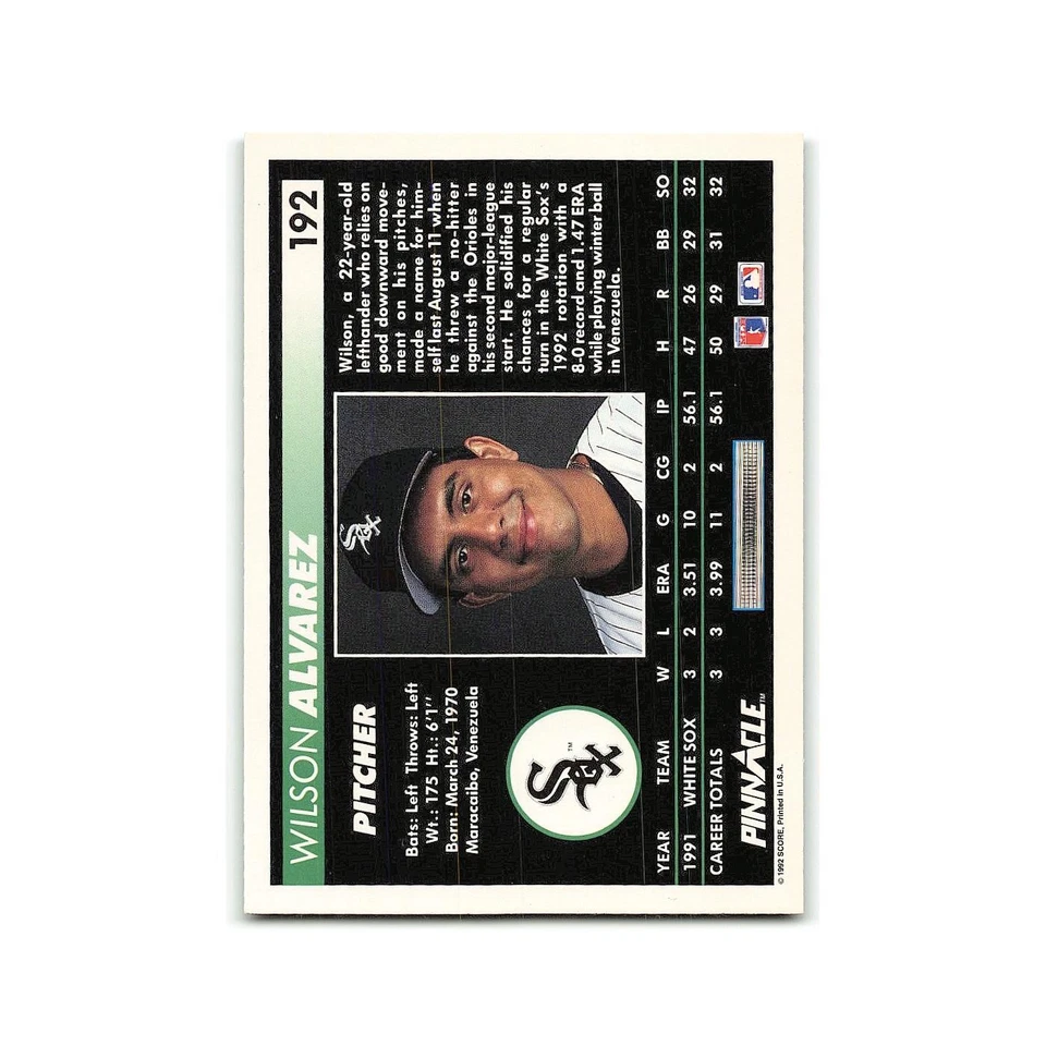 Wilson Alvarez 1992 Pinnacle #192 Chicago White Sox Baseball Card NM - Image 2 of 3