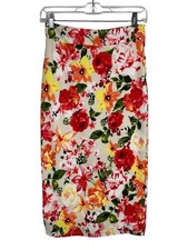 Best Society Tan Pink Yellow Floral Stretch Pencil Skirt Lined Zip Size Small