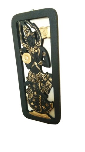 Wood Carved Wall Art Panel Small Black Thai Angel Vintage mandolin Gold trim - Picture 4 of 16