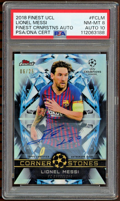 2018-19 Topps Finest UCL Lionel Messi SSP Finest Cornerstones /25 Auto PSA 8/10