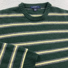 J Crew Lambswool Sweater Men Large Green Striped Crewneck Lambs Wool