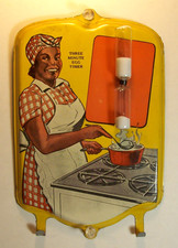 1940's~BLACK AMERICANA THREE MINUTE EGG TIMER TIN SIGN~RARE KITCHEN ACCESSORY~