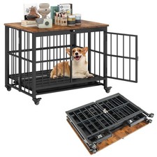 Foldable Dog Crate Furniture w/Removable Tray, Lockable Door, Lockable Wheels