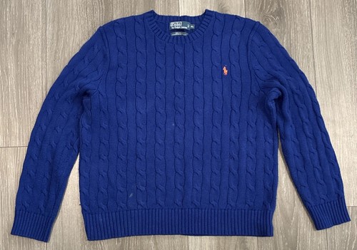 Vintage Polo Ralph Lauren Cable Knit Blue Sweater Orange Pony Mens Size XL - Image 1