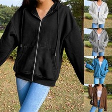 Womens Loose Fit Hoodie Jacket Long Sleeve Up Solid Sweatshirt Casual
