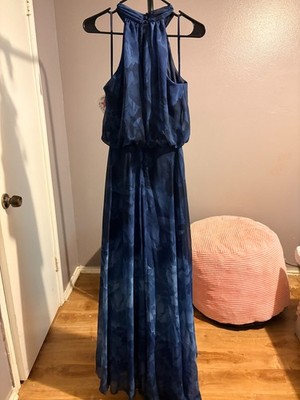 Betsy Adam Blue Printed Chiffon Gown Sz 8P