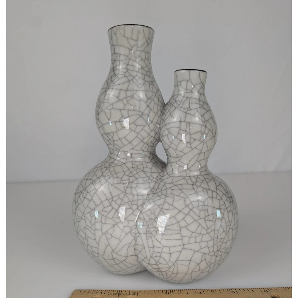 Vtg Crackle Double Gourd Vases White Glaze Ceramic Asian Decor MMA WAQ 1994 - Image 4 of 4