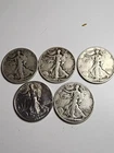 *90% SILVER* lot of 5 Walking liberty half dollars, High Grade COINS.