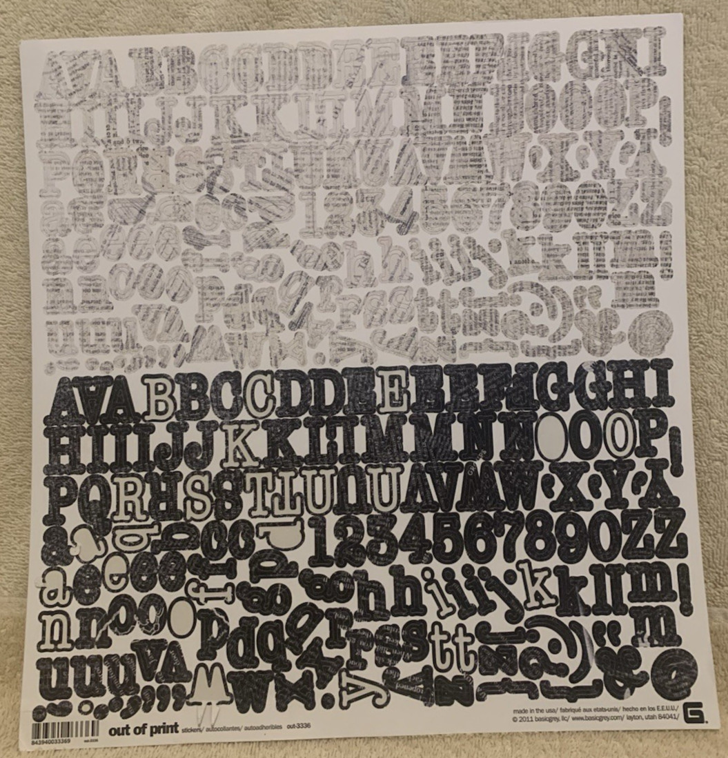 Lot Of 7 BASIC GREY Alphabet, Number & Punctuation Sticker Sheets 12x12 - Unused