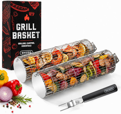 SHIZZO Rolling Grill Basket, Removable Wooden Handle, Extra Sturdy Cylinder Gril