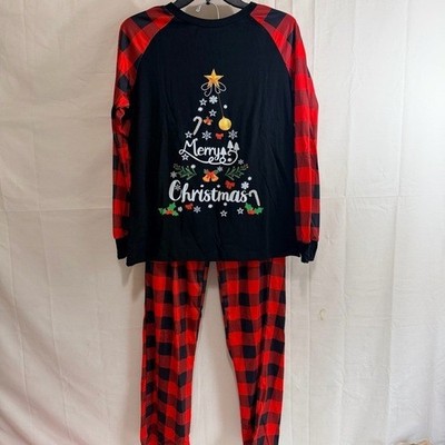 Merry Christmas 2-Piece Festive Black and Red Plaid Pajamas Matching Family PJ s