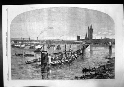 Old Charing Cross Railway Bridge Thames London Parliament Sketch 1860 Victorian