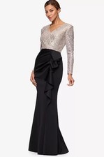Xscape Sequin Gown 12 Black Silver Nude Ruffled Ruched Long Sleeve NWT $189