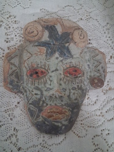 vintage handmade clay mask quirky bohemian folk art Ceremonial Mask Wall Hanging