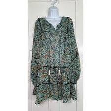 Free People Green Floral Metallic Ruffle Tiered Mini Dress Size MEDIUM
