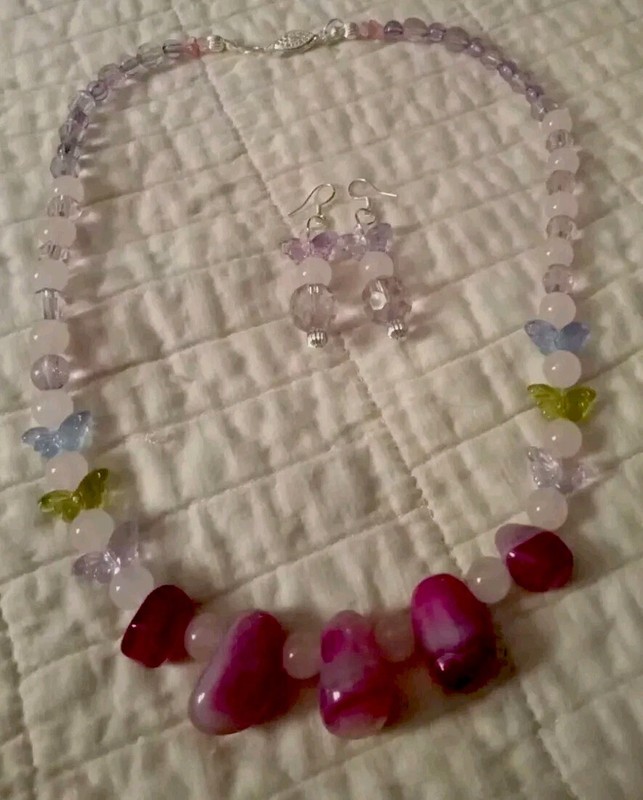 Artist India Rasberry Stone, Quartz Gem, Lampwork Butterfly Hypo necklace Set