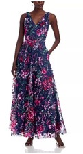 EUC Eliza J Sleeveless V Neck Navy Multi Floral Appliqué Dress Size 14