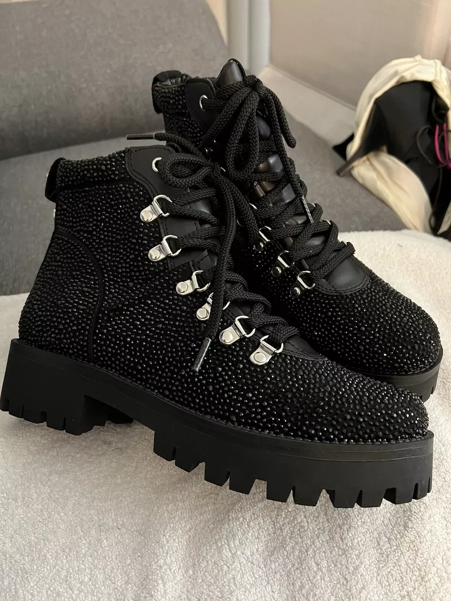 NWOB Steve Madden Black Rhinestones Combat Boots Size 9.5 Only