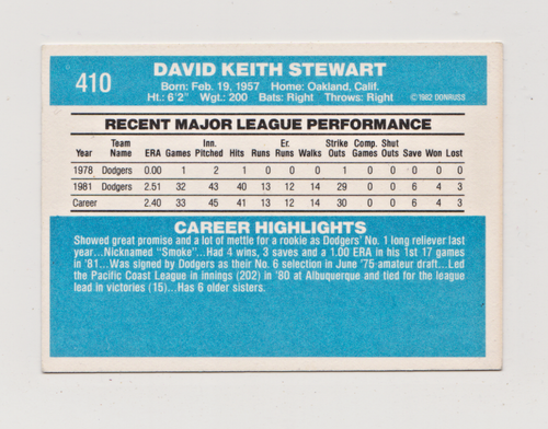 1982 Donruss Baseball Dave Stewart #410 Rookie Nm/Mt Free Shipping!! - Picture 2 of 2