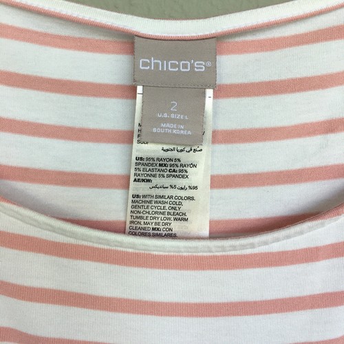 Chico’s Pink Striped Tie Hem Top Women 2 | M Short Sleeve Stretchy Preppy Casual - Picture 6 of 11