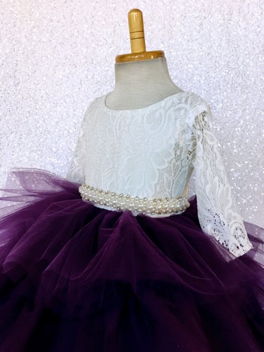 Ivory Lace 3/4 Sleeve Multicolor High Low Tulle Ruffle Flower Girl Dress Wedding - Picture 46 of 50