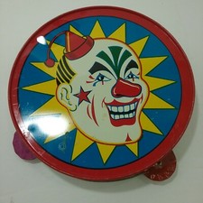 Vintage Tin Metal Litho noisemaker, Clown Face Tambourine USA 8" Bight colors