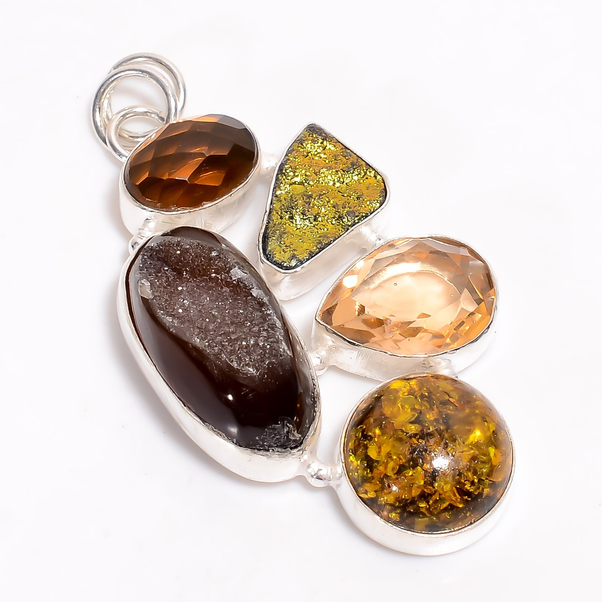 Chalcedony Druzy Baltic Amber Gemstone 925 Silver Handmade