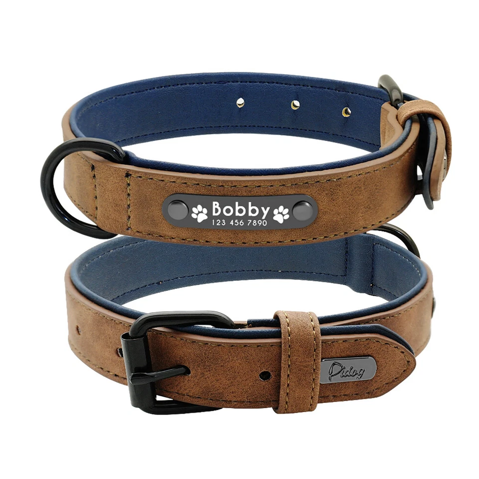 Leather Personalized Dog Collar and Leash Set Custom Engraved Pet ID Name Tag  - Image 3 of 4
