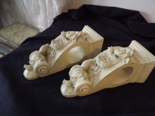 PAIR RESIN ORNATE SCONCE CORBELS curtain rod holders ROSES BIRDS NESTS 2.5" hole