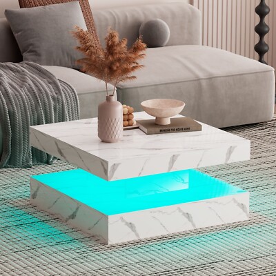 High Gloss Coffee Table for Living Room Square Side Table LED Light Furniture US