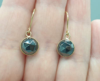 9 kt Gelbgold Hämatit Ohrringe natürliche Rosenschliff Steine 8 mm 9 Karat Ohr Draht Haken