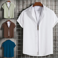 Men Cotton blend Short Sleeve Shirt Beach Casual Button Down Formal Dress Shirt