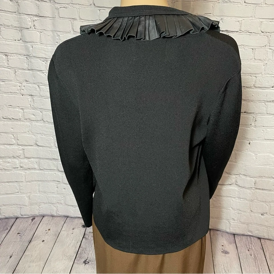 Cárdigan Vintage Pamela McCoy Negro Tejido Cuero Cuello Plisado Talla S Foto 4 de 4