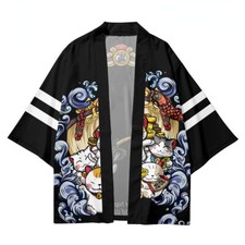 Giacca Kimono Uomo Cardigan Outwear Retro Giapponese Gatto Fortunato