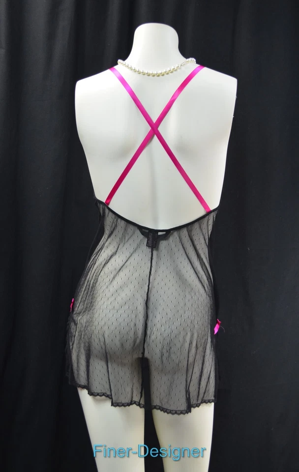 VICTORIA'S SECRET Camisola Sexy Teddie Stretch Malha Preta Laço Rosa Quente P NOVO - Imagem 3 de 4