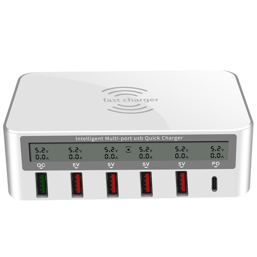 Estación de carga de pared con pantalla LCD USB QC3.0 tipo C USB 6 puertos para múltiples dispositivos 3C - Imagen 6 de 8