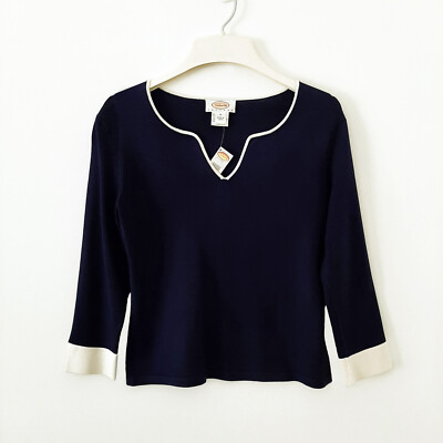 NWT Talbots Silk-Blend Pullover Sweater, Navy w/Ivory Accent, PP/XSP/0P/2P, $78
