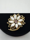 Vintage High End White Milk Glass Marquise Rhinestone Floral Flower Brooch Pin