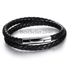 Men Black Braided Leather Bracelet Bangle with Stainless Steel Magnetic Clasp 8"