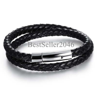 Men Black Braided Leather Bracelet Bangle with Stainless Steel Magnetic Clasp 8''