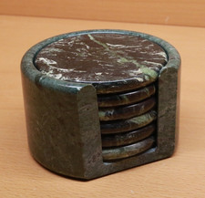 Vintage Set of 6 Green Jade Marble Round Coasters w/Cork Bottoms & Marble Holder