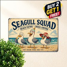 Funny Seagulls Ocean Beach Sign Coastal Cottage Wall Decor Metal Tin Plaque 8x12
