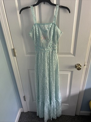 Vintage 1970 s CANDI JONES California Baby Blue Lace Overlay Summer MAXI Dress