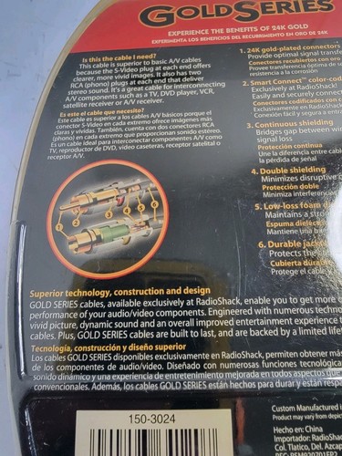 Gold Series A/V Cable 6-Foot Premium for TVs DVD Player RadioShack New in Box - Picture 7 of 11