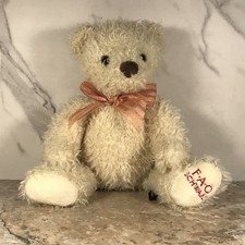FAO SCHWARZ CREAM SHAGGY TEDDY BEAR PLUSH STRIPED BOW PLATIC EYES CIRCA 2020