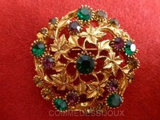 Broche Vintage SPHINX Rosace Feuillage Néo Classique – Bijou Doré Vert Violet