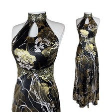Vintage Black Gold Halter Gown, Metallic Floral Evening Dress, Y2K